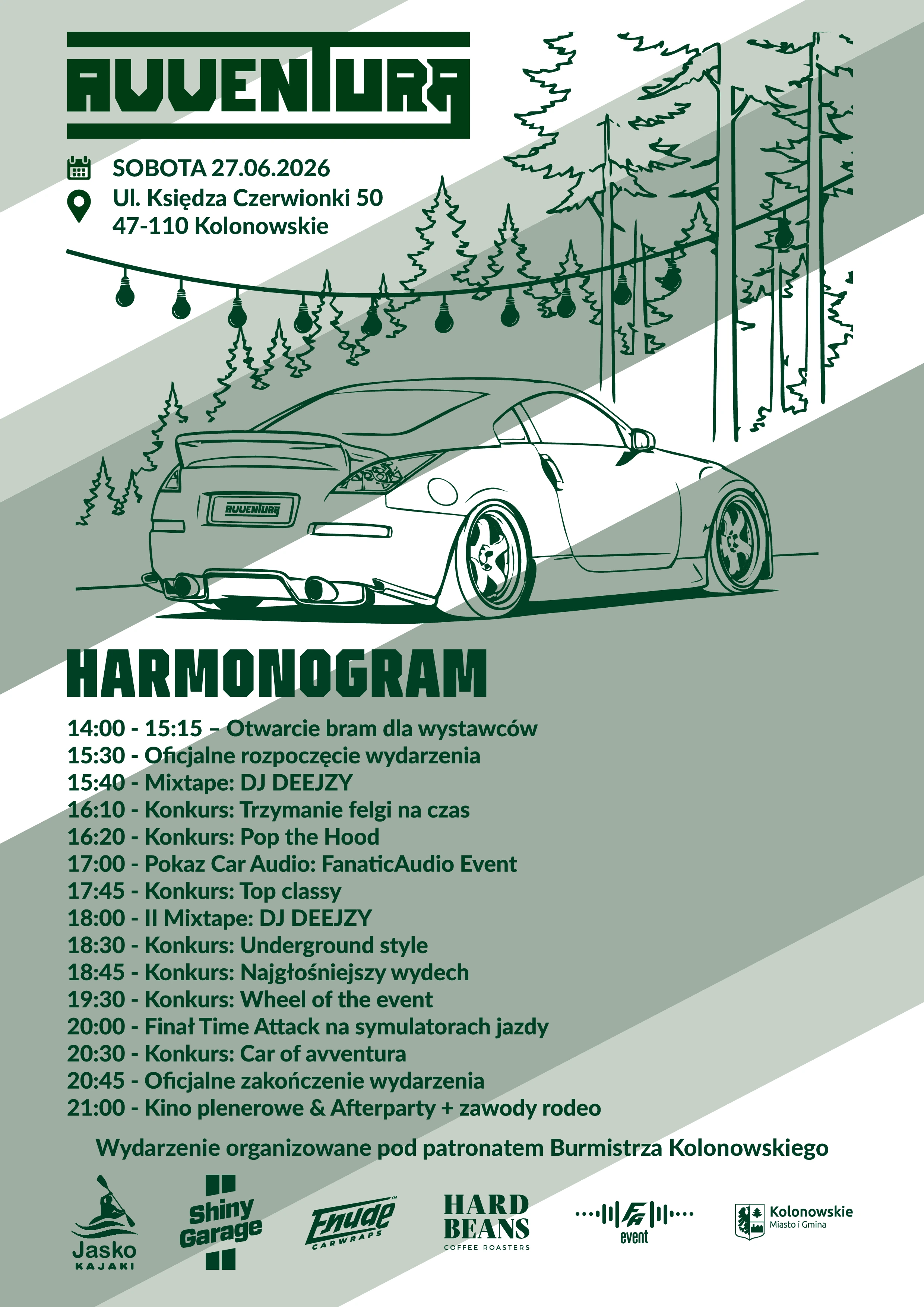 Plakat Avventura 2026 – wydarzenie motoryzacyjne na Przystani Jaśko w Kolonowskiem